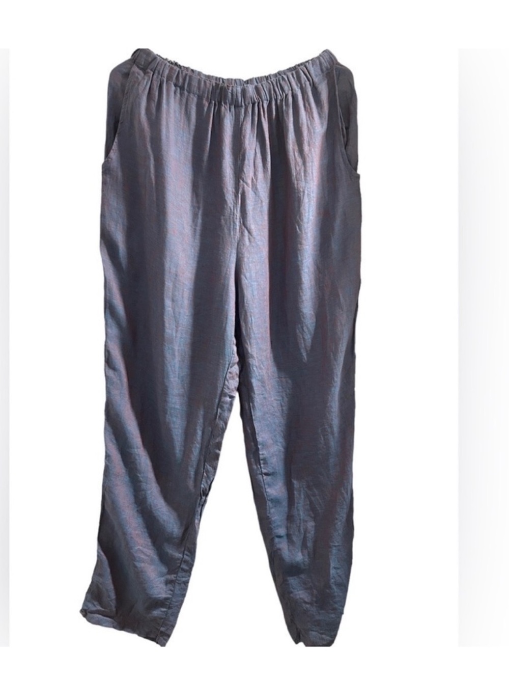Flax Full Length Elastic Waist 100% Linen Pants size Large Lagenlook Blue